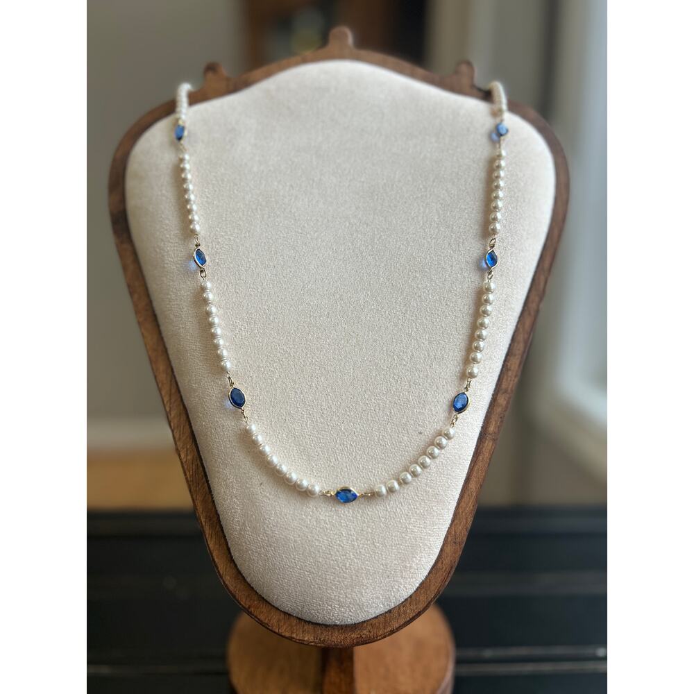 Faux pearl and blue gem stone necklace